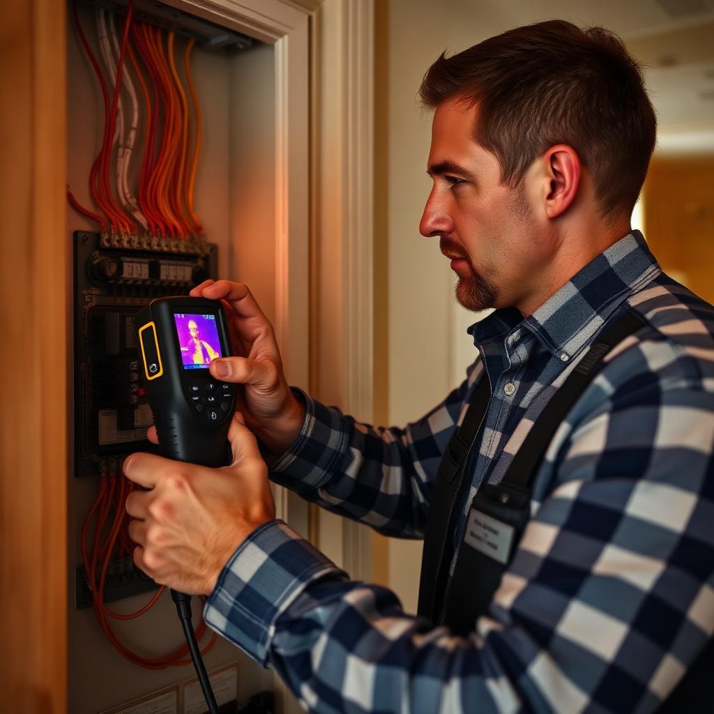 Inspector using thermal imaging on an electrical panel
